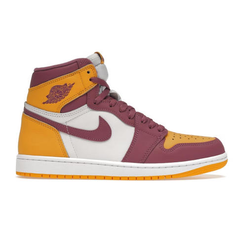 Estos tenis Jordan 1 Retro High OG Brotherhood tienen un diseño en amarillo y violeta, con suela de goma y tecnología Air Sole. Son altos, ideales para el baloncesto.